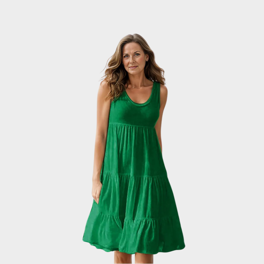 Women's Sleeveless Summer Midi Dress – O-Neck Loose Fit with Ruffles (Black, Yellow, Green, and More)