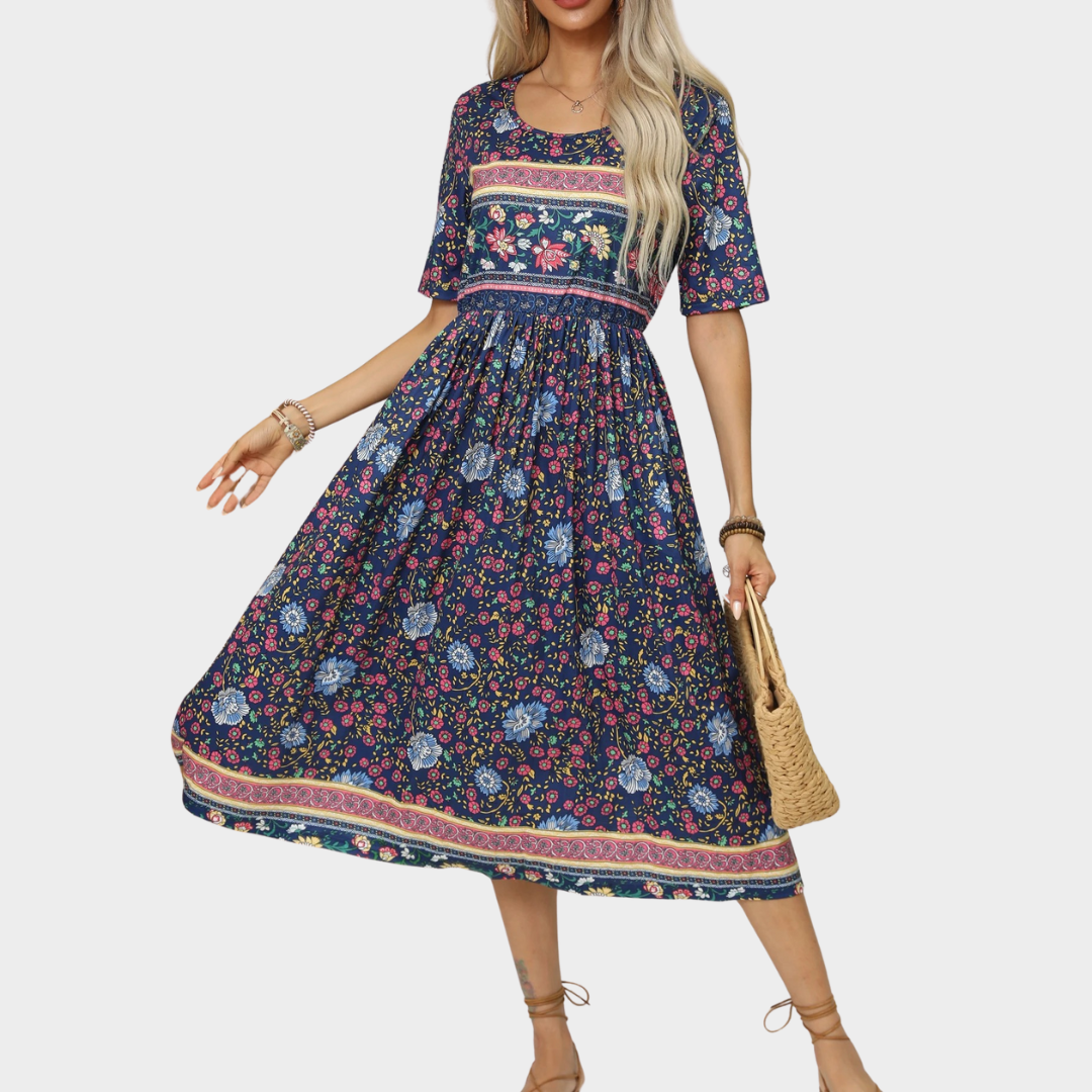 Women’s Bohemian Print Long Dress – Round Neck Short Sleeve Fit – Casual Flowy Maxi Silhouette – Lightweight Fabric – Multiple Colours