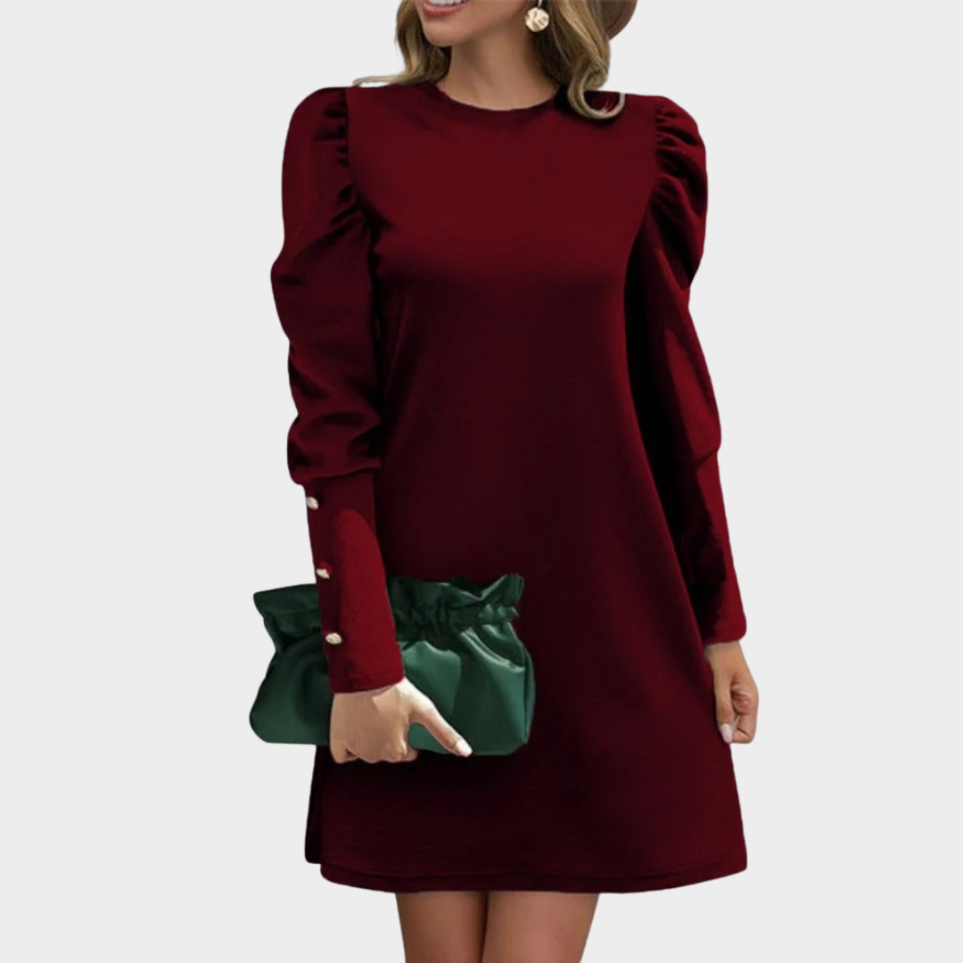 Women’s Dress – Elegant Puff Sleeve Button Detail Round Neck Solid Style – Multiple Colours