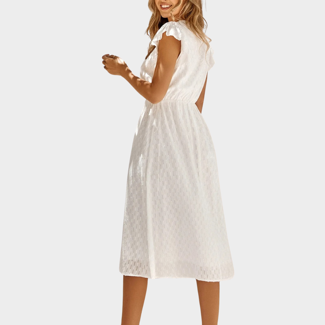 Women’s V-Neck Buttoned Midi Dress – Elegant Flutter Short Sleeve Fit with Solid Colour Design – Soft Lightweight Fabric – Multiple Colours