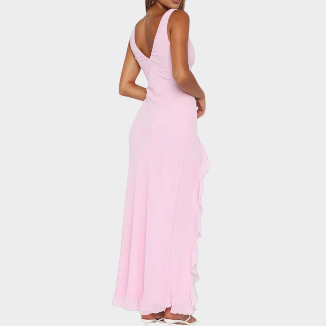 Women’s Elegant Ruffle Midi Dress – High Split Backless Design – Soft Lightweight Fabric with Slim Fit – Multiple Colours