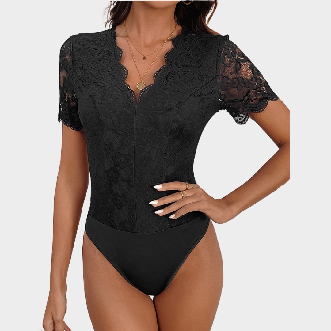 Women's Lace Patchwork Bodysuit - Slim Fit V-Neck Elegant One-Piece - Black
