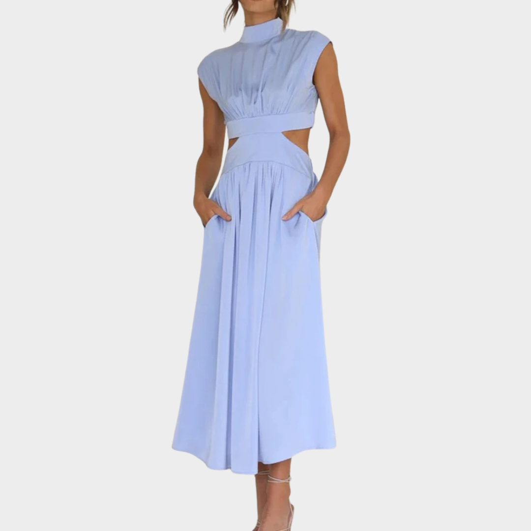 Hollow Out A Line Women's Maxi Dress – Casual V Neck Waist Detail – Lightweight Midi Fit – Elegant Long Sundress – Multiple Colours
