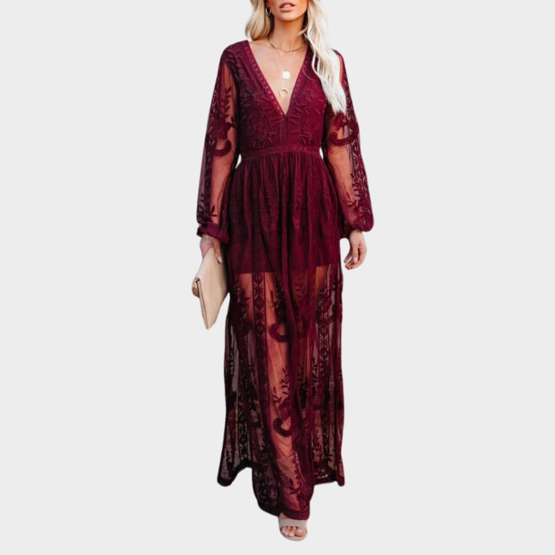 Women’s Bohemian Maxi Dress – Embroidered Lace V-Neck with Hollow Out Detail – Flowy Casual Fit – Cotton Blend – Multiple Colours