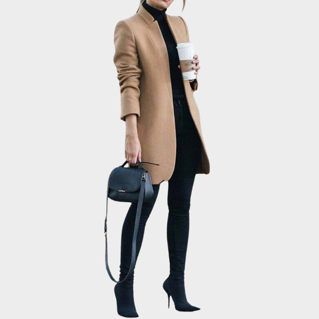 Women's Woolen Coat – Mid-Length Overcoat – Stand Collar – Slim Fit – Elegant Design – Multiple Colours