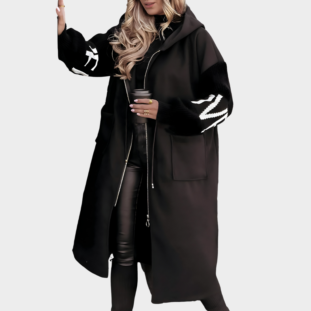 Women's Long Hooded Coat – Patchwork Knitted Sleeves – Drawstring Waist – Warm & Stylish – Multiple Colours