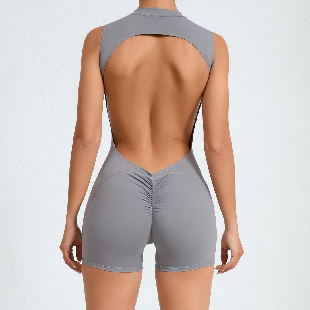 Women's Backless Sports Jumpsuit - Bodycon One-Piece Gym Romper - Scrunch Back - Multiple Colours