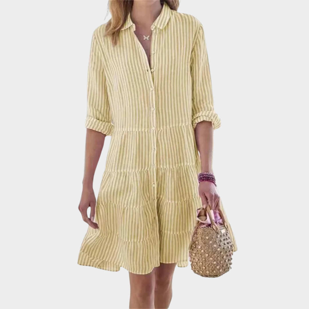 Women’s Long Sleeve Shirred Shirt Dress – Striped Lapel Design with Multi-Layer Patchwork Hem – Multiple Colours