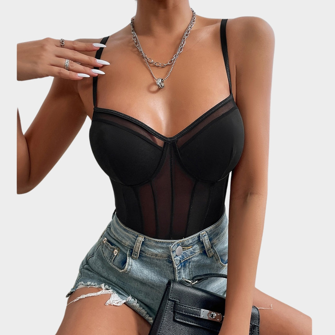 Women's Sheer Mesh Corset Bodysuit - Adjustable Straps - Padded Bustier Top - Slim Fit & Supportive