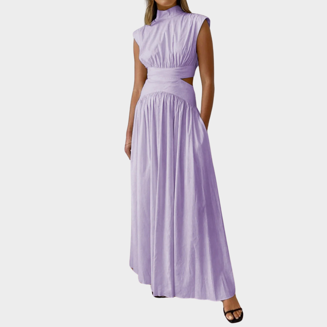Women’s Sleeveless A-Line Maxi Dress – Solid Colour with Mock Neck and Hollow Out Detail – Lightweight Elegant Fit – Multiple Colours