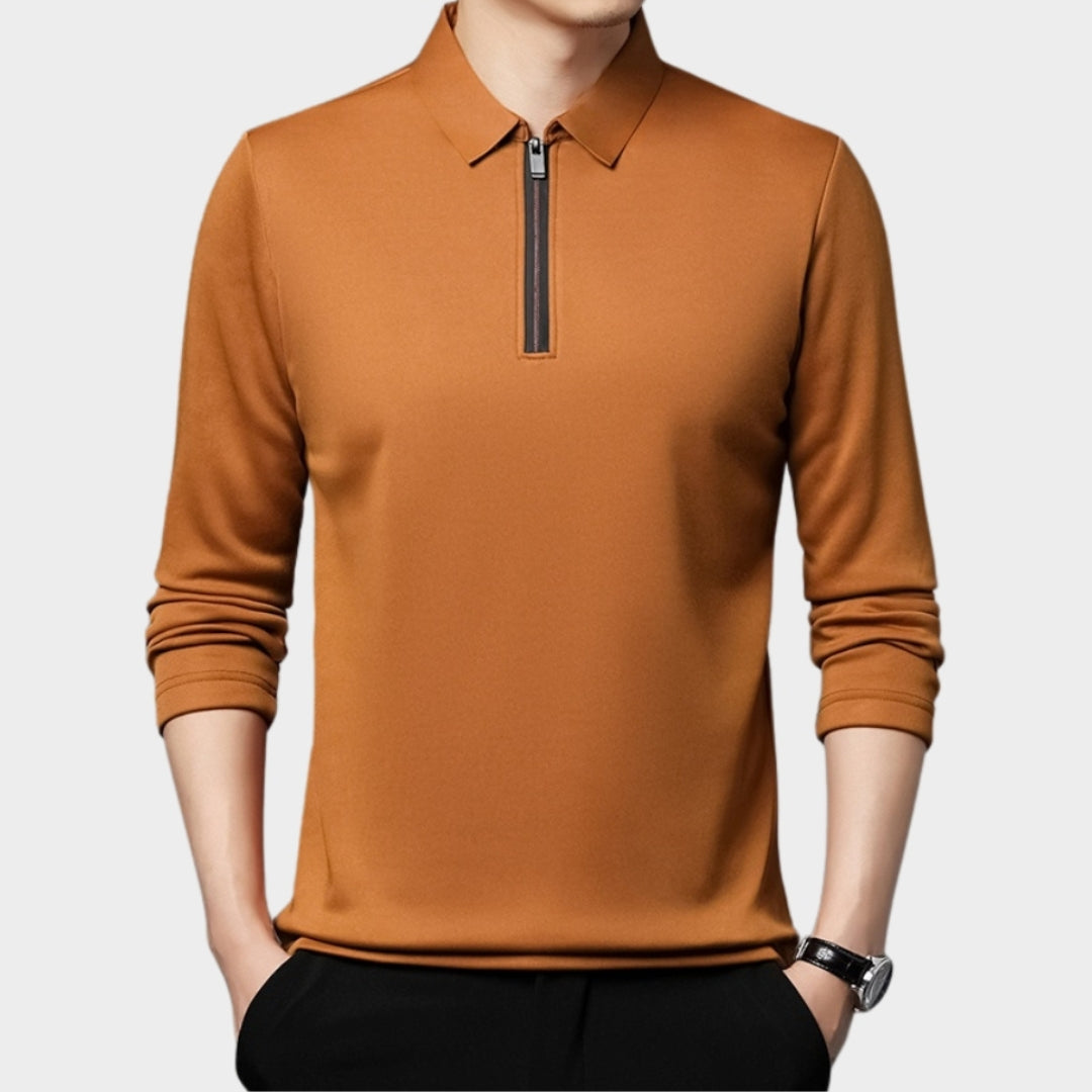 Men's Long Sleeve Polo Shirt - Solid Color Zipper Polo Neck Top, Navy Blue, Black, Blue, and More
