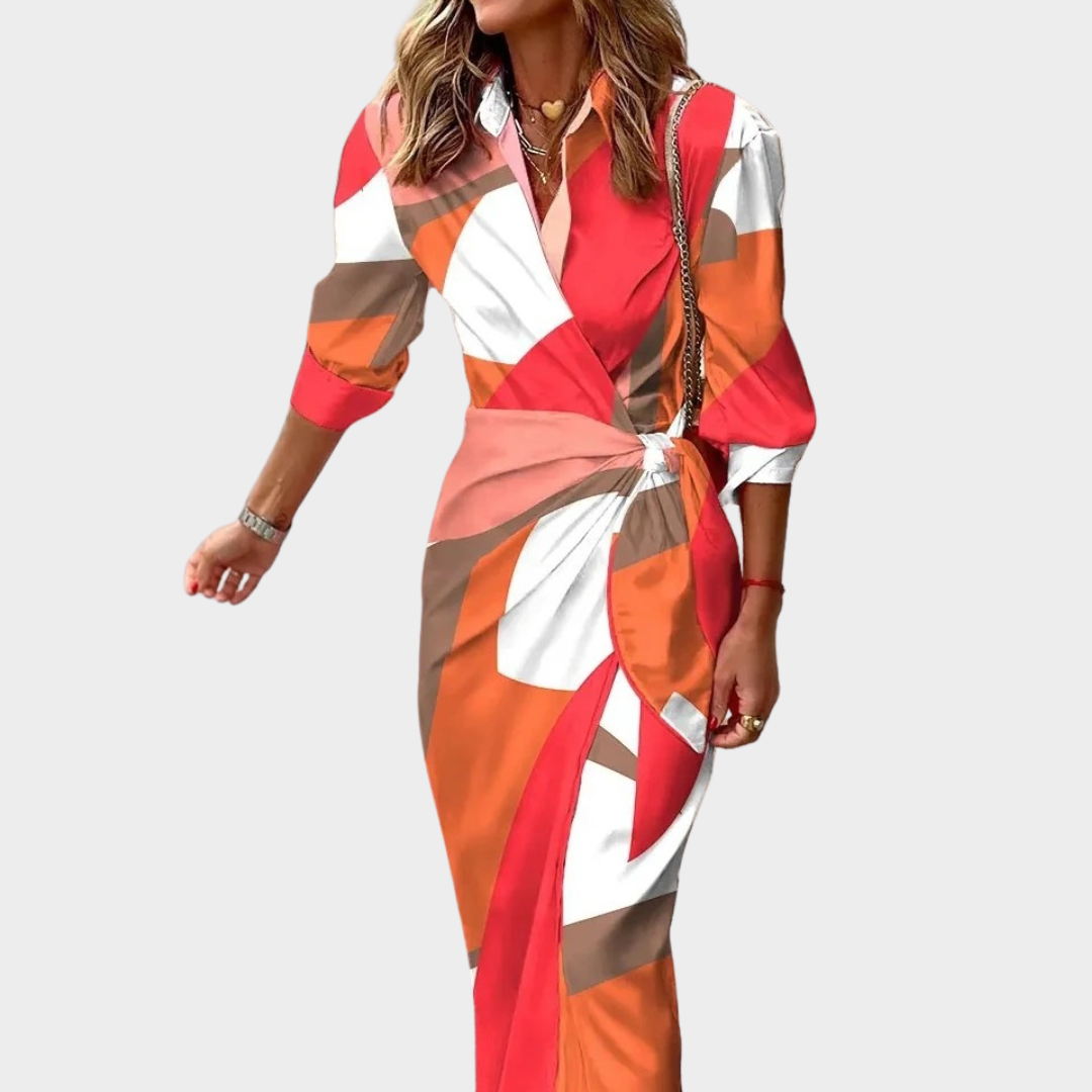 Women's Mid-Length Shirt Dress – Neck Tie Blouse Style with Striped Print – Lightweight Comfortable Fit – Multiple Colours