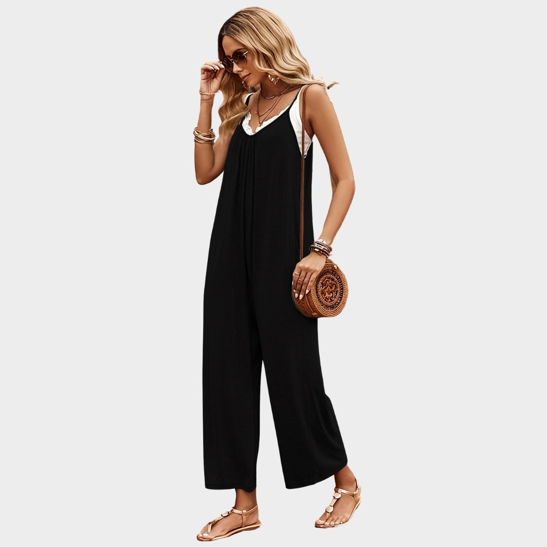 Women’s Solid Color Jumpsuit – Wide-Leg Casual Back Button Pleat Design in Black, Loose Fit