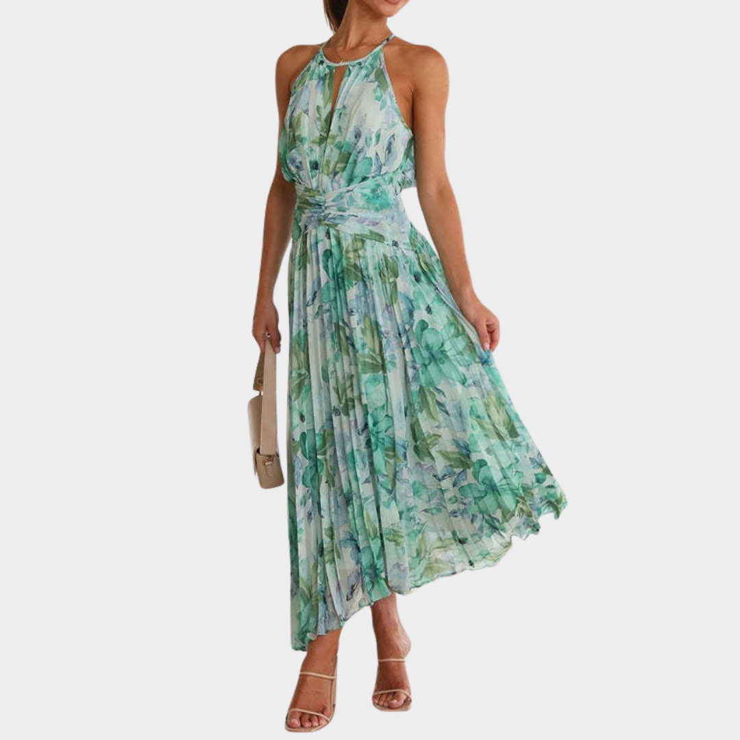 Women’s Halter Neck Backless Dress – Printed Sleeveless Fit with Irregular Hem – Lightweight Draped Fabric – Green