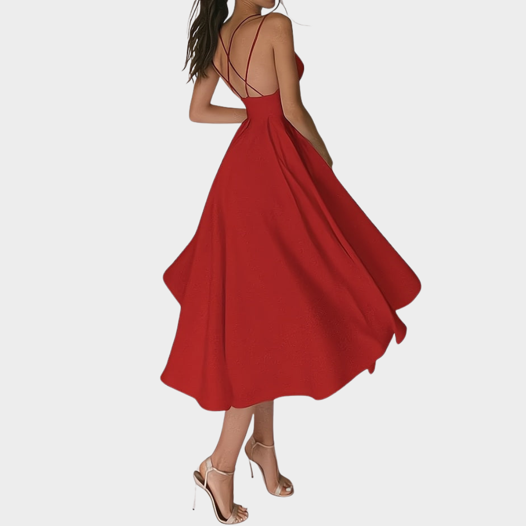 Women's Spaghetti Strap Midi Dress – V-Neck Backless – Elegant Party Dress – Multiple Colours