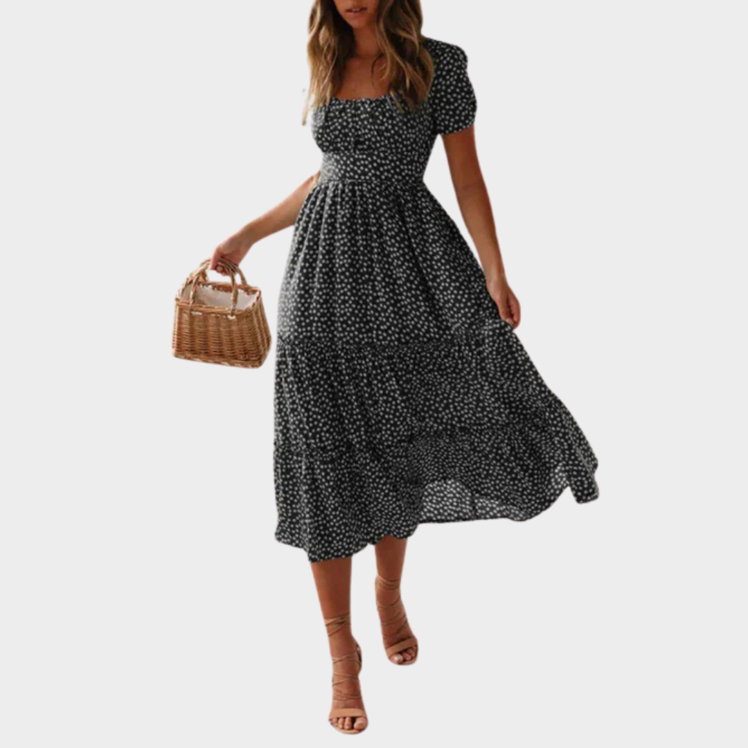 Women's Boho Floral Dress – Square Neck – Puff Sleeve – Chiffon – Elegant Party & Beachwear – Multiple Colours