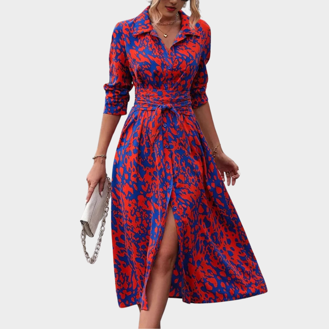 Women’s Midi Shirt Dress – A-Line Fit with Lace-Up Detail – Long Sleeve Printed Design – Thigh High Slit – Multiple Colours