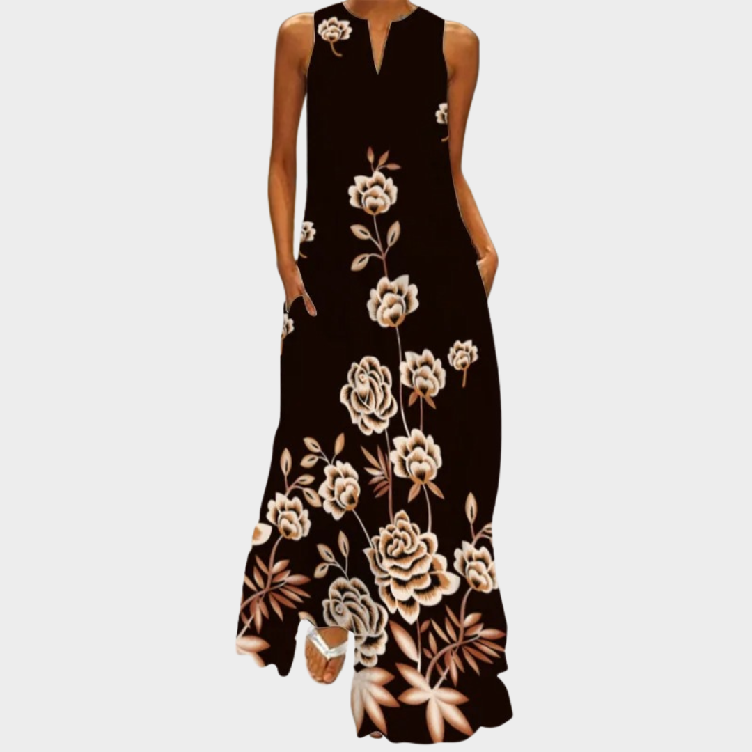 Women’s V-Neck Maxi Dress – Sleeveless – Elegant Vintage Print – Lightweight Material – Multiple Colours