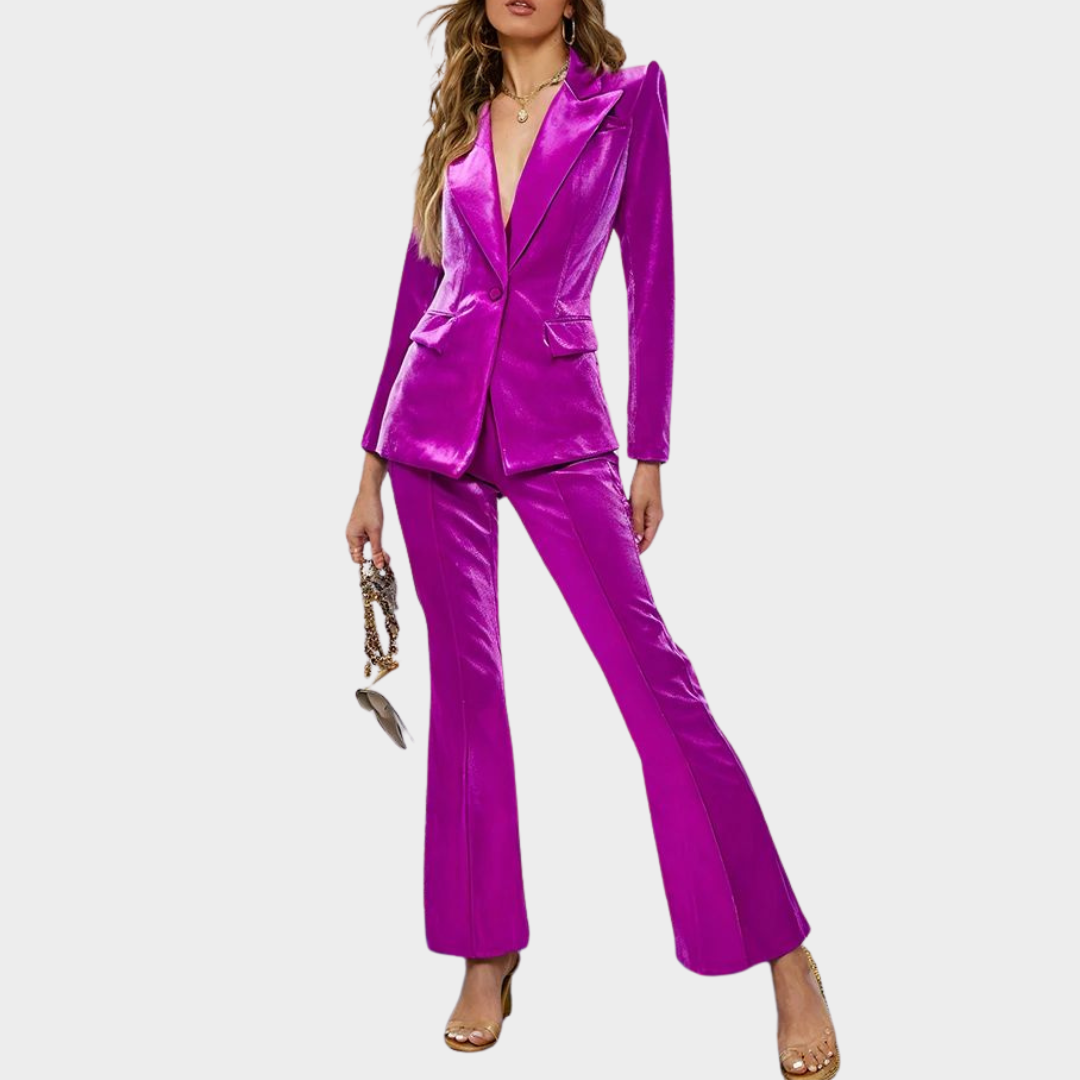Women’s Velvet Blazer & Trousers Set – One-Button Jacket – Flare Pants – Elegant Fit – Multiple Colours