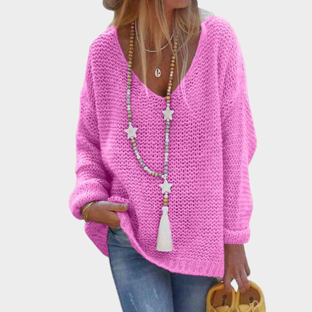 Women's V Neck Long Sleeve Knitted Loose Sweater – Hollow Out Pullover Knitwear Top – Multiple Colours