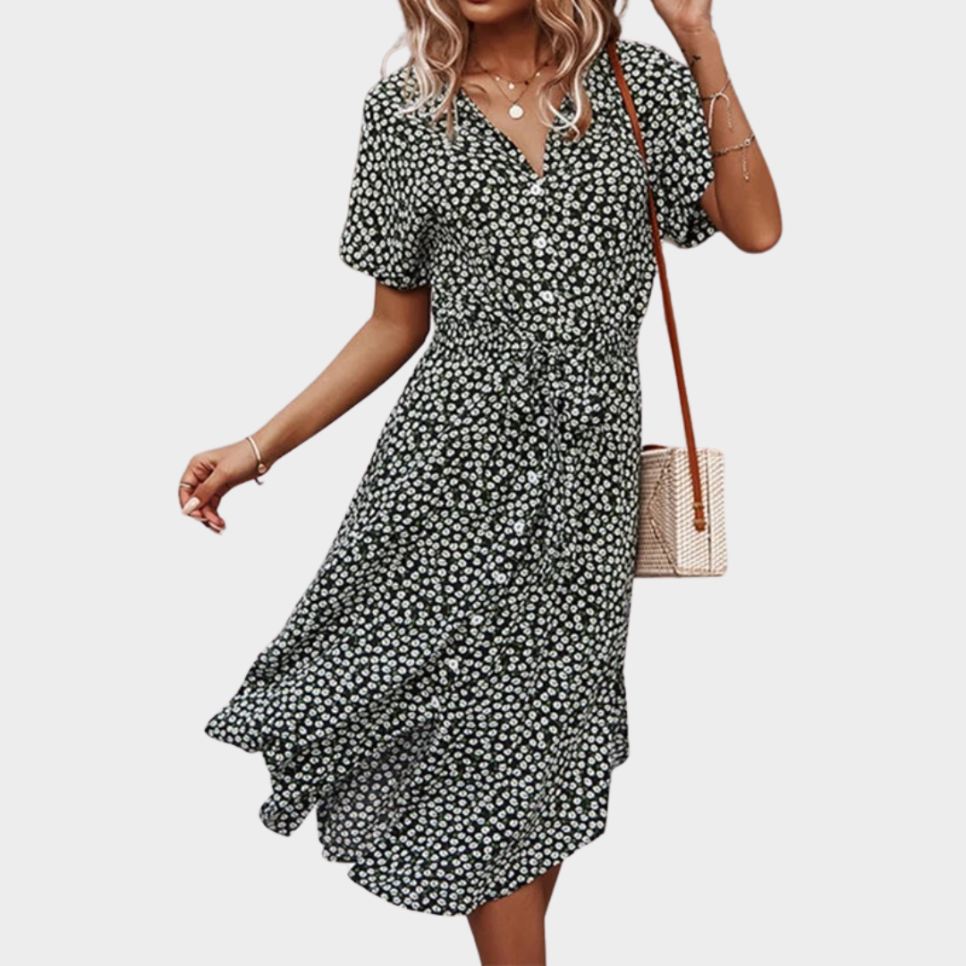 Women's Floral V-Neck Midi Dress – Short Sleeve – Button Front – Casual Loose Fit – Lightweight Fabric – Multiple Colours