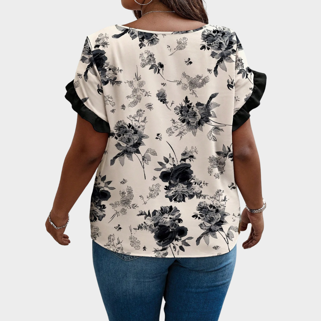 Women's Floral Ruffle Sleeve Blouse – Short Sleeve Round Neck – Elegant Relaxed Fit Cotton-Polyester Blend – Multiple Colours