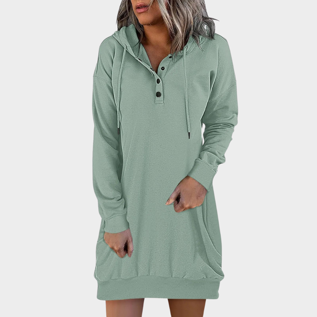 Women's Hooded Sweatshirt Dress – Knee-Length – Long Sleeve – Side Zip Neckline – Casual Sportswear – Pockets – Multiple Colours