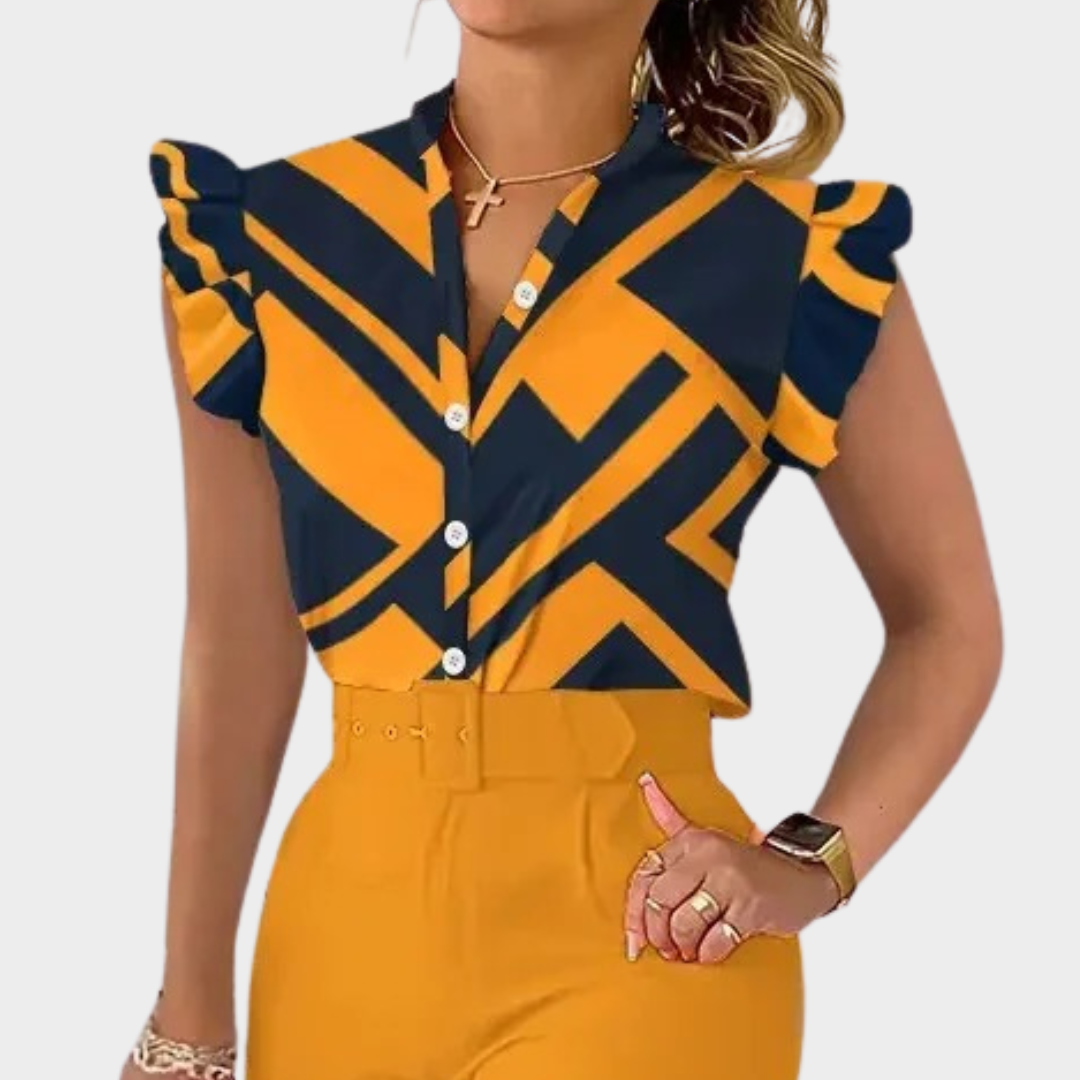 Women V Neck Printed Blouse – Button Front Petal Sleeve Casual Fit Lightweight Top – Multiple Colours