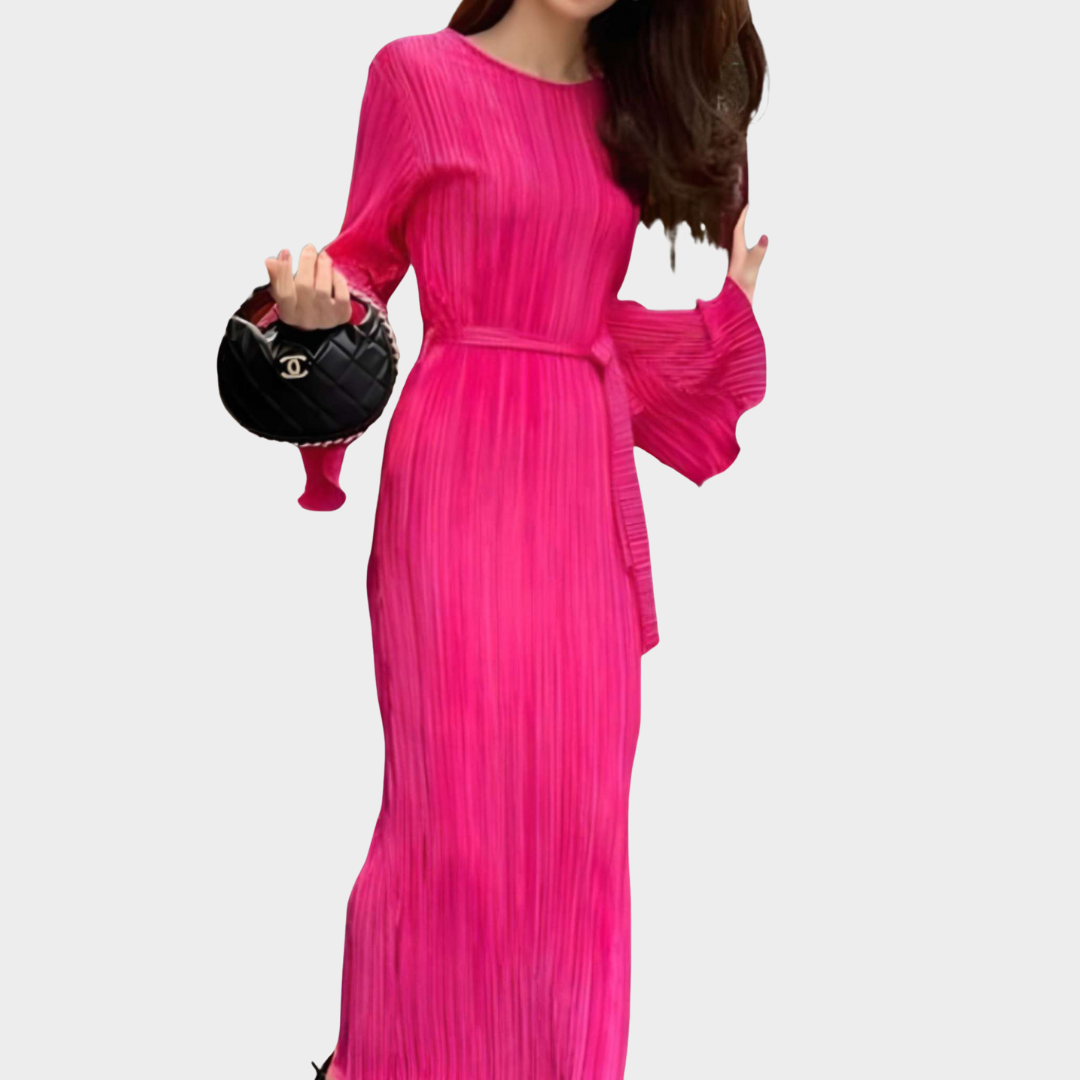 Women's Bodycon Pleated Dress – Elegant Long Sleeve Ankle-Length Dress – Slim Fit O-Neck – Lace-Up Waist – Multiple Colours