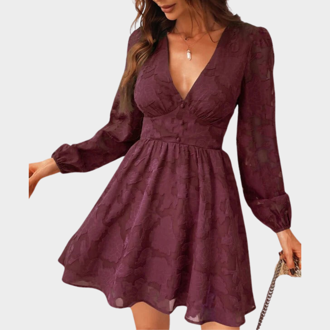 Women’s A-Line Mini Dress – Long Sleeve Lace Detailing – Plunge Neckline – Lightweight Fabric – Multiple Colours