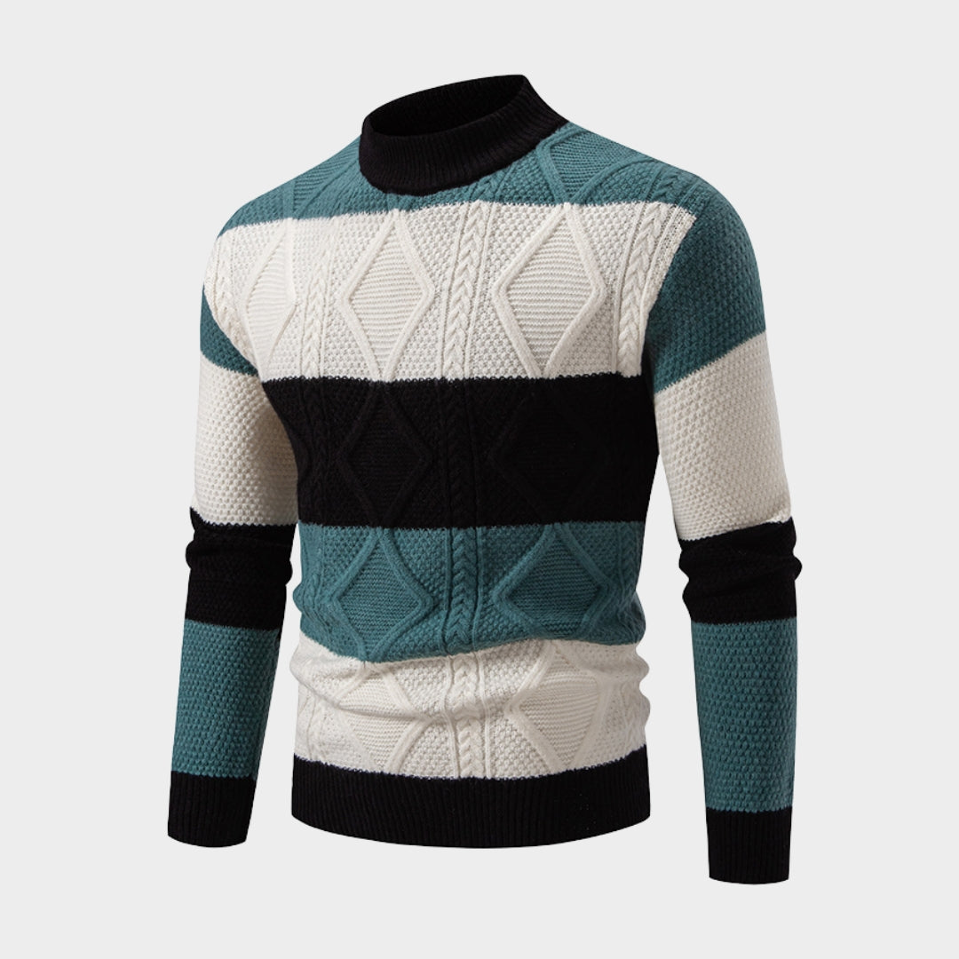 Men's Fashion Patchwork Knitted Sweater – Mock Neck Casual Sweater, Long Sleeve, Autumn Winter Style (Blue, Khaki, Green)