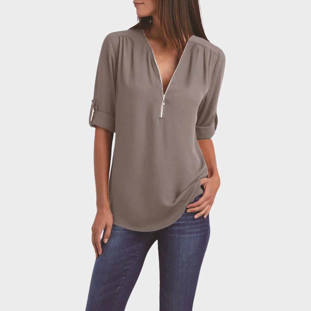 Women's V-Neck Chiffon Blouse – Half Sleeve – Zipper Front – Casual Office Shirt – Multiple Colours
