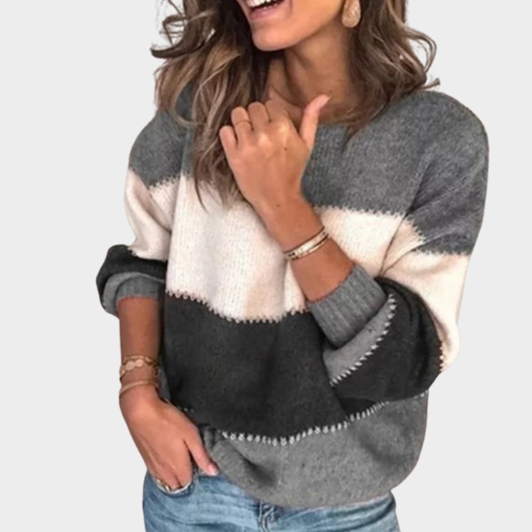 Autumn Winter Warm Color Blocking Women’s Sweater - Lantern Sleeve, O Neck, Loose Knitted Pullover, Multi-Color