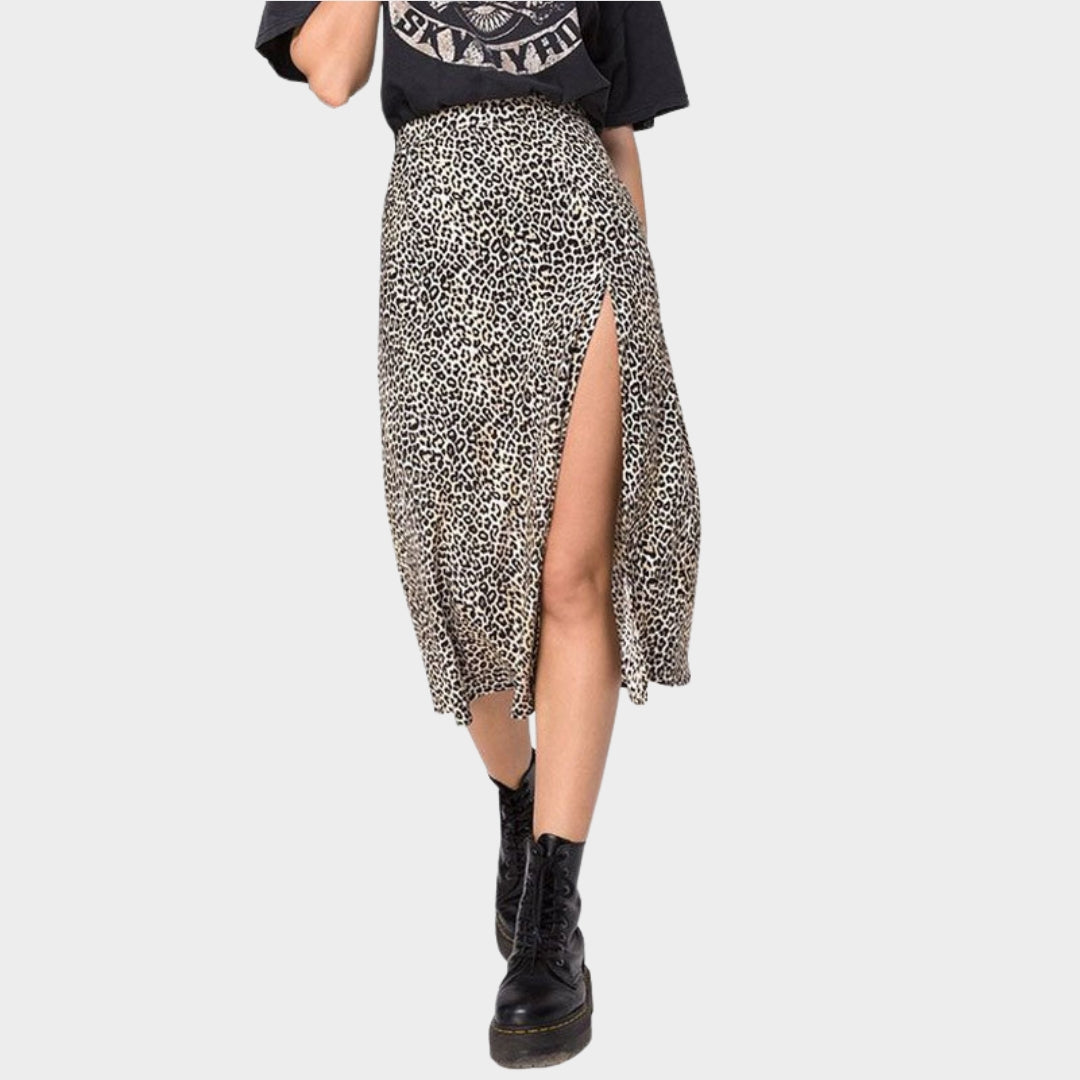 Women's High Waist A-Line Skirt - Stretchy Split Long Skirt - Leopard Floral Polka Dot Print - Multiple Colours