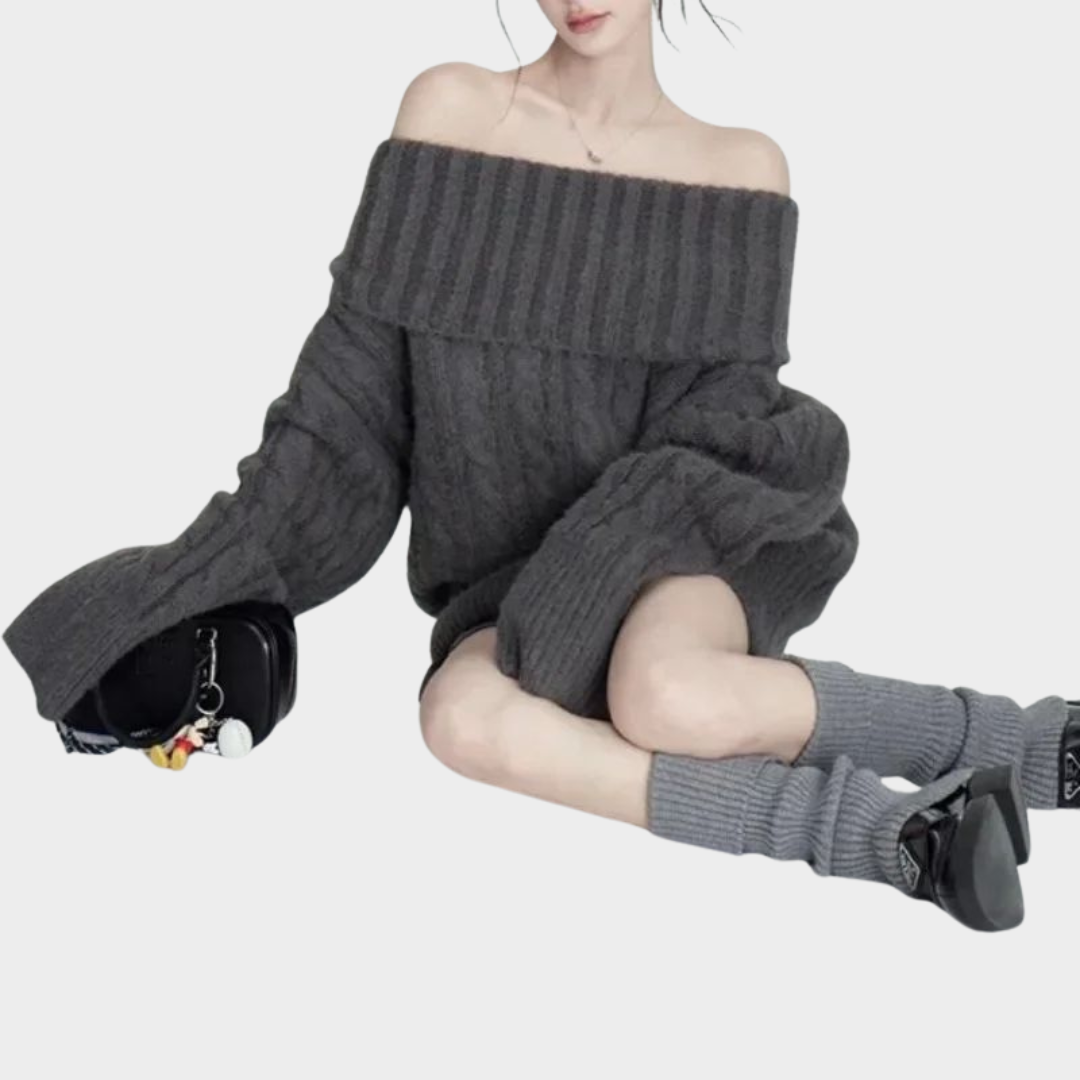 Women’s Knitted Sweater – Square Neck – Long Sleeves – Slim Fit – Soft & Stylish – Grey