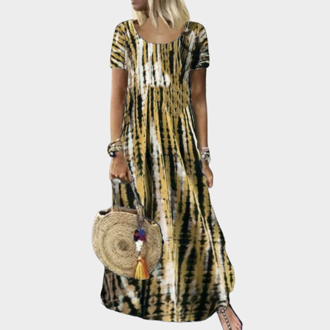 Women Tie Dye Long Dress – Short Sleeve – Casual Fit – Round Neck – Soft Blend – Multiple Colours