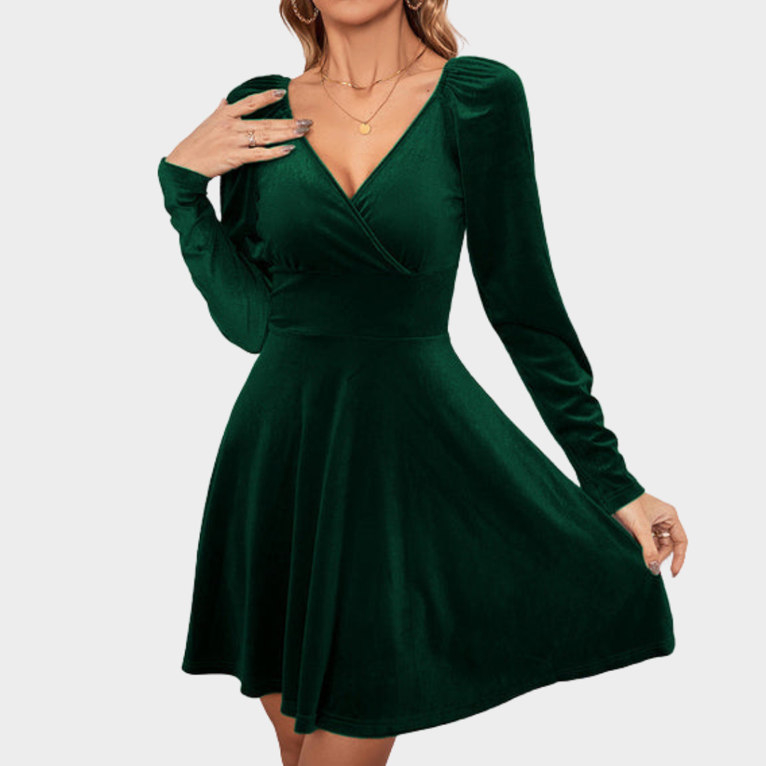 Women’s Velvet V-Neck Party Dress – Long Sleeve Elegant Evening Dress – Flattering Fit – Multiple Colours