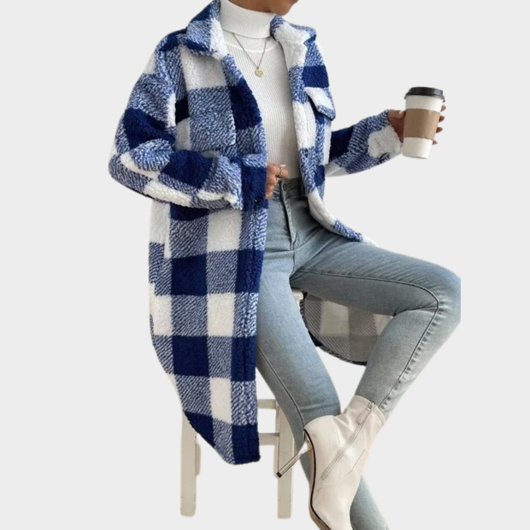 Women Plaid Longline Cardigan Coat – Turn Down Collar Loose Fit Plush Outerwear – Multiple Colours