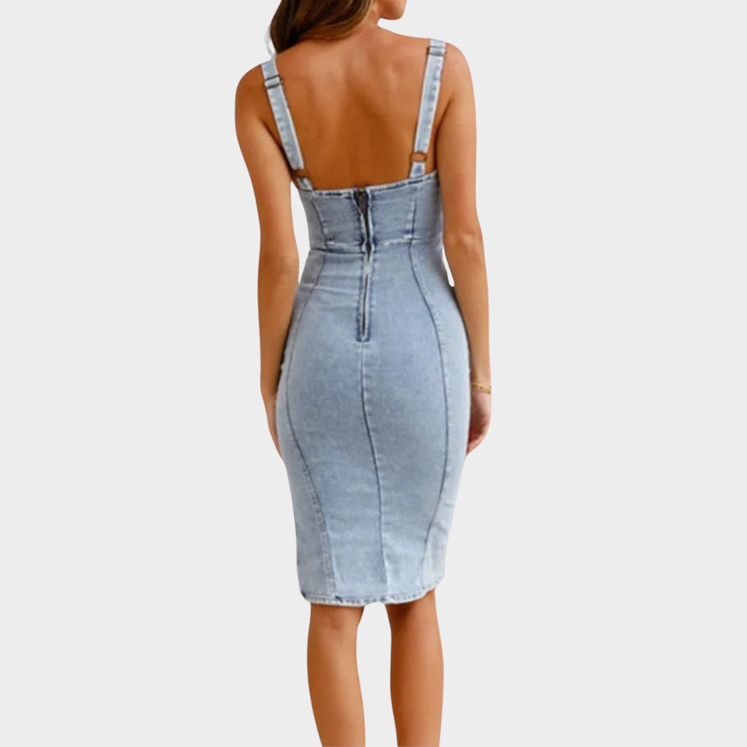 Women's Halter Denim Dress – Slim Fit – Wrap Hip – Retro Style – U Neck – Multiple Colours