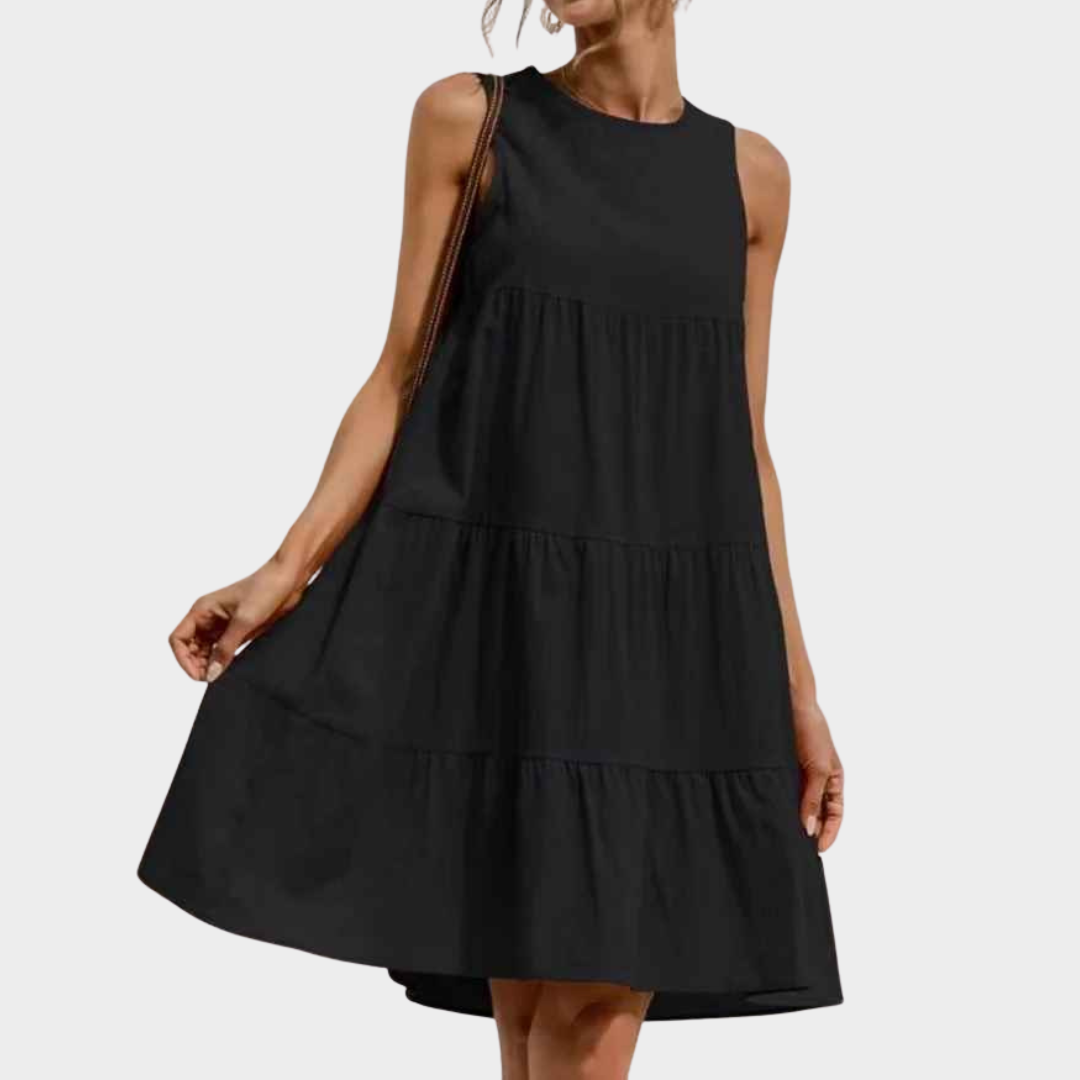 Women Sleeveless Midi Dress – Cotton Linen Loose Fit with Round Neck and Patchwork Design – Multiple Colours