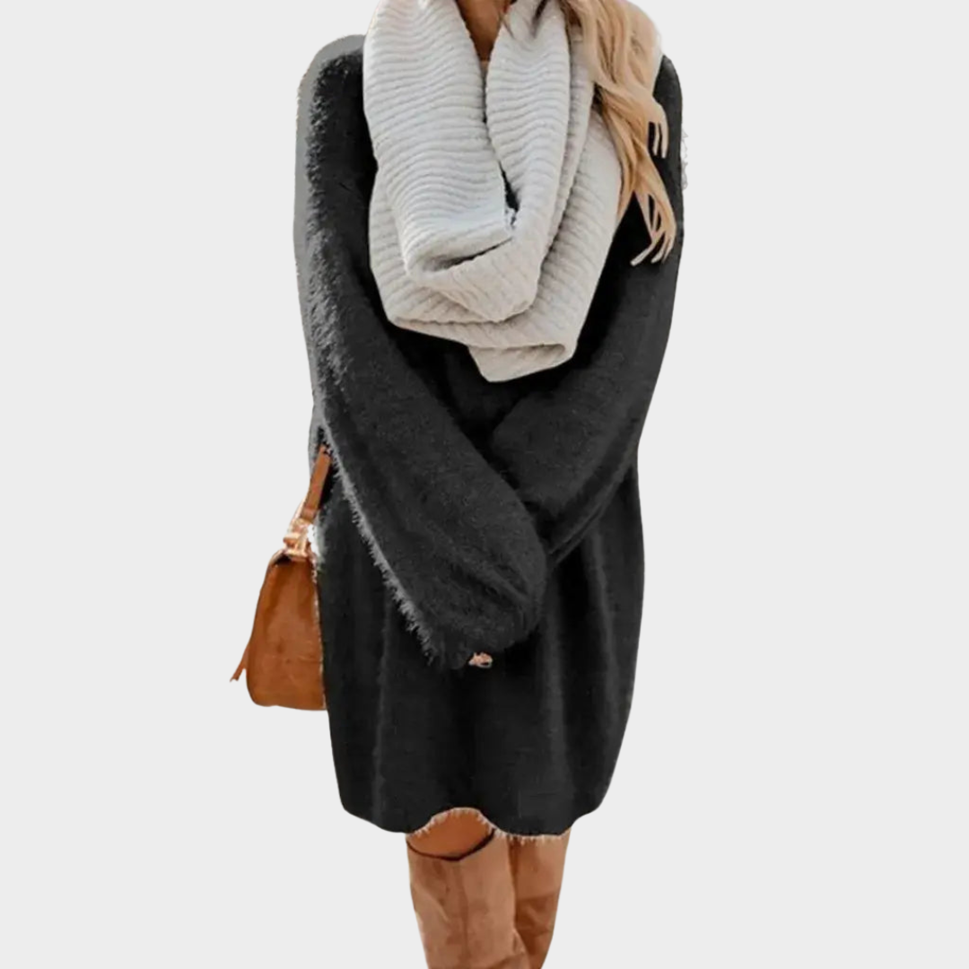 Women's Knee-Length Sweater Dress – Loose Fit – Soft Fluffy Knit – Multiple Colours