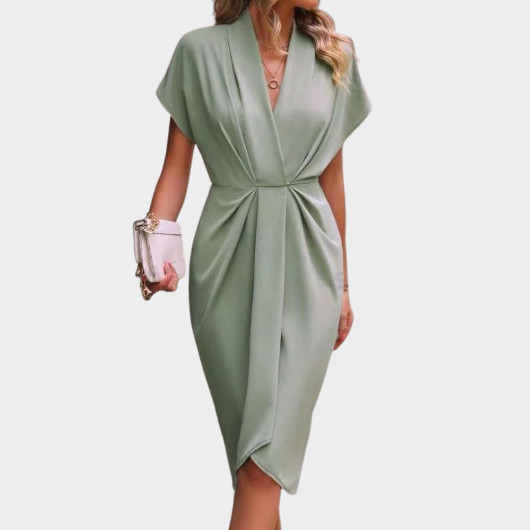 Women Elegant Midi Dress – V-Neck – Short Sleeve – High Waist Irregular Hem – Multiple Colours