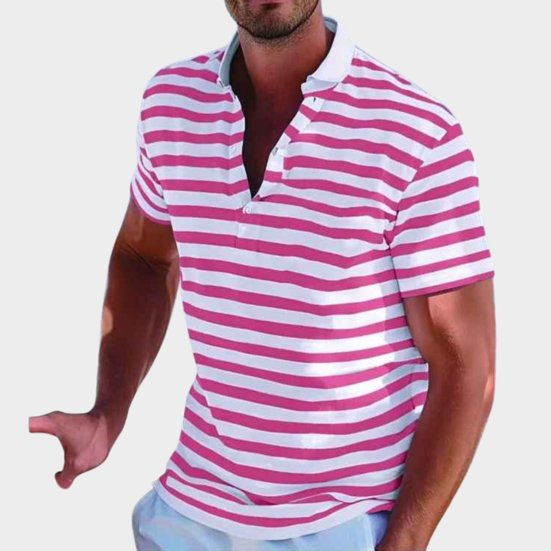 Men Striped Polo Shirt – Short Sleeve Casual Fit – Lightweight Breathable Cotton Blend – Multiple Colours
