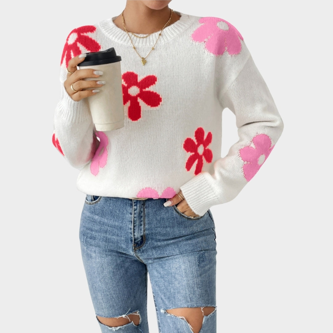 Women’s Crew Neck Sweater - Slim Fit, Loose Long Sleeve Top, White, Red