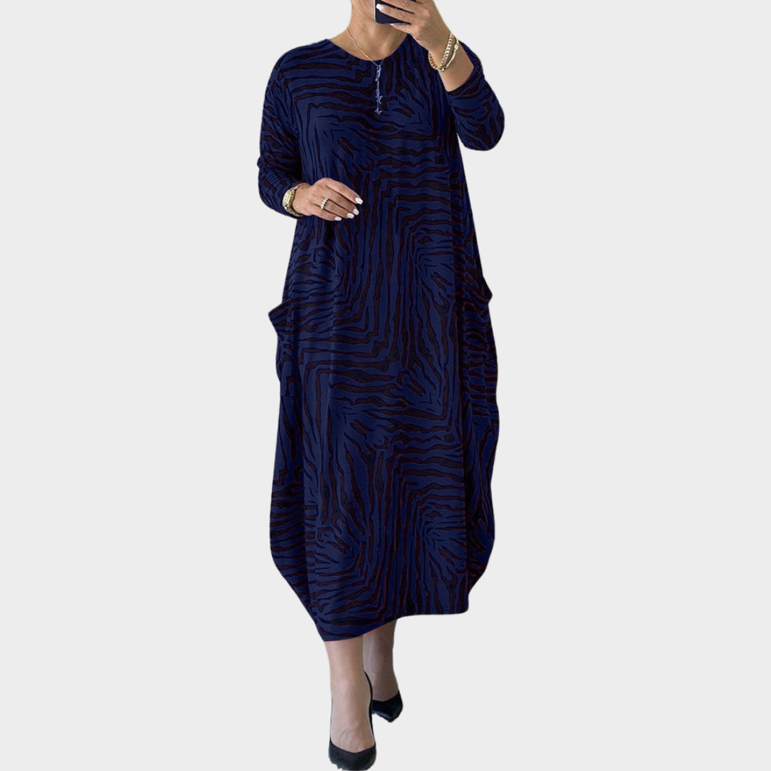 Women's Maxi Dress – Long Sleeve O Neck – Leopard Print – Ankle Length with Pockets – Multiple Colours