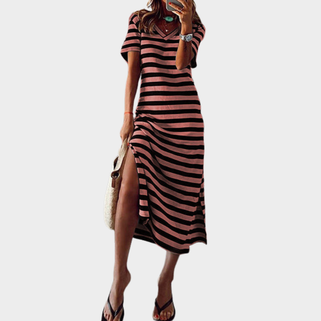 Women’s Stripe Print V-Neck Maxi Dress – Short Sleeve Loose Fit Long Dress – Lightweight Fabric – Multiple Colours