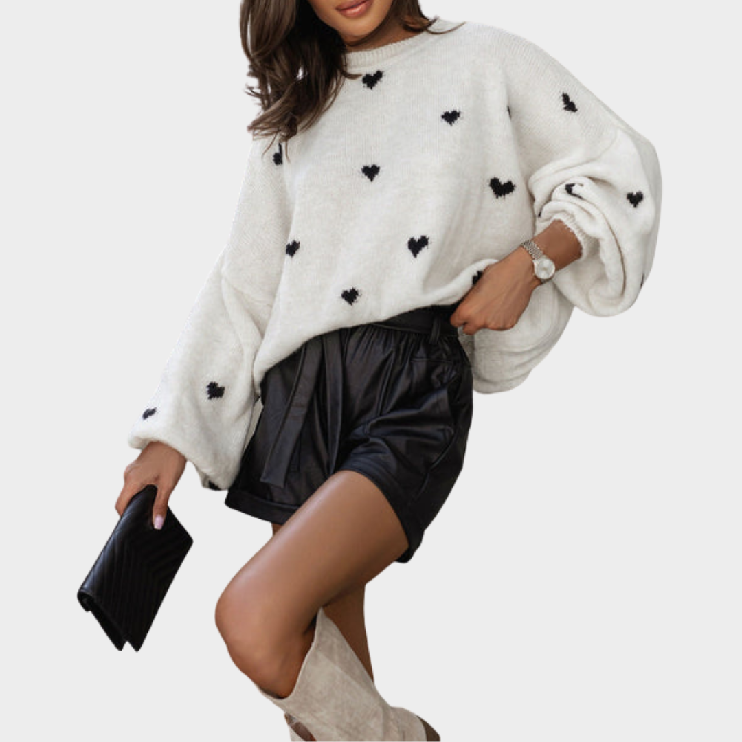 Women's Knitted Pullover Sweater – O-Neck – Love Heart Design – Loose Fit – Soft Knitwear – White