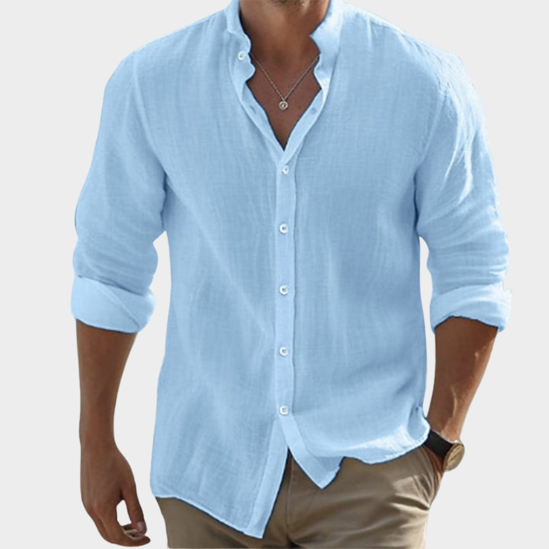 Men's Long-Sleeve Shirt - Stand Collar - Cotton Linen Blend - Casual Fit - Breathable Fabric - Multiple Colours