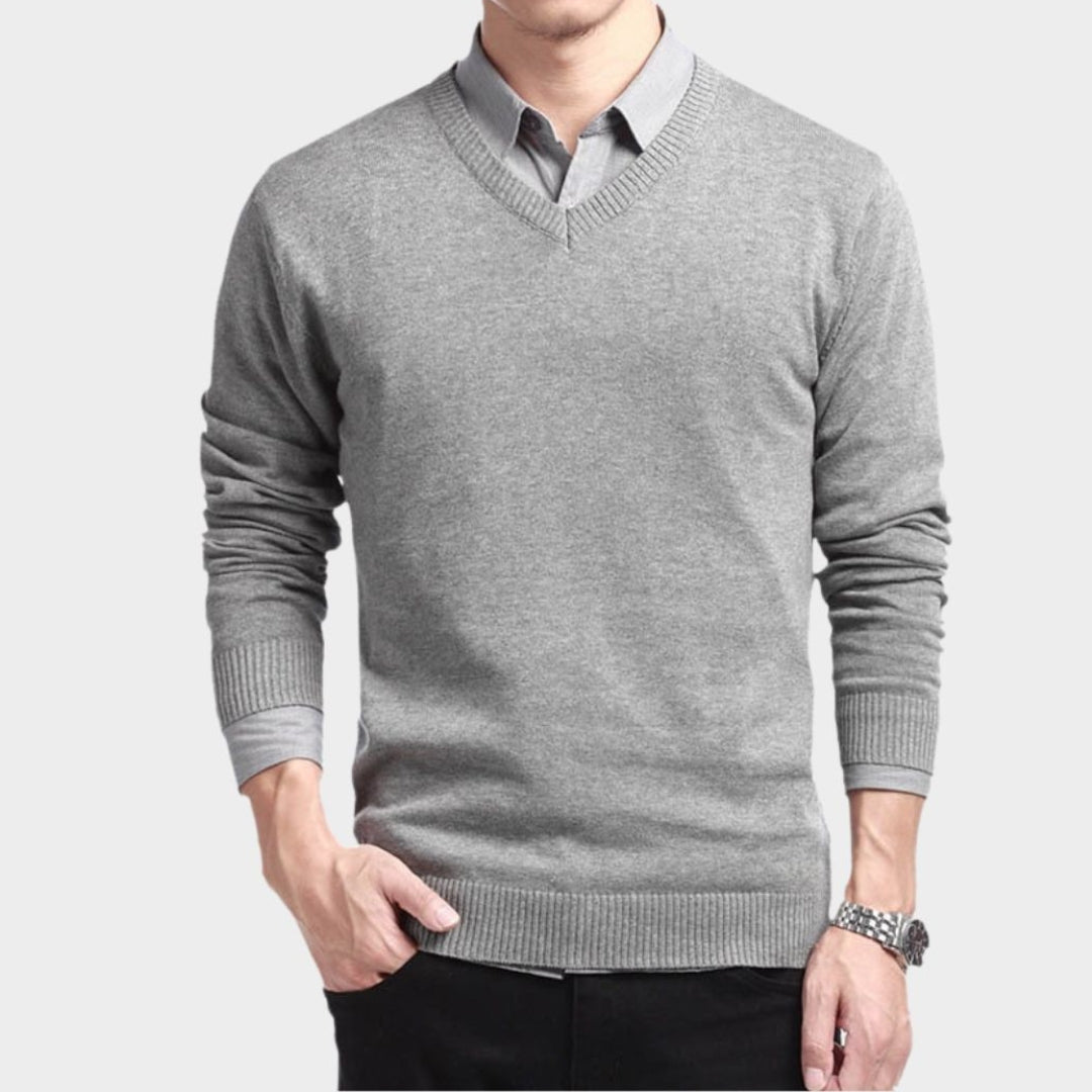 Men's V-Neck Cotton Sweater – Long Sleeve Loose Fit Knitwear, Korean Style, Black/Blue/White/and More