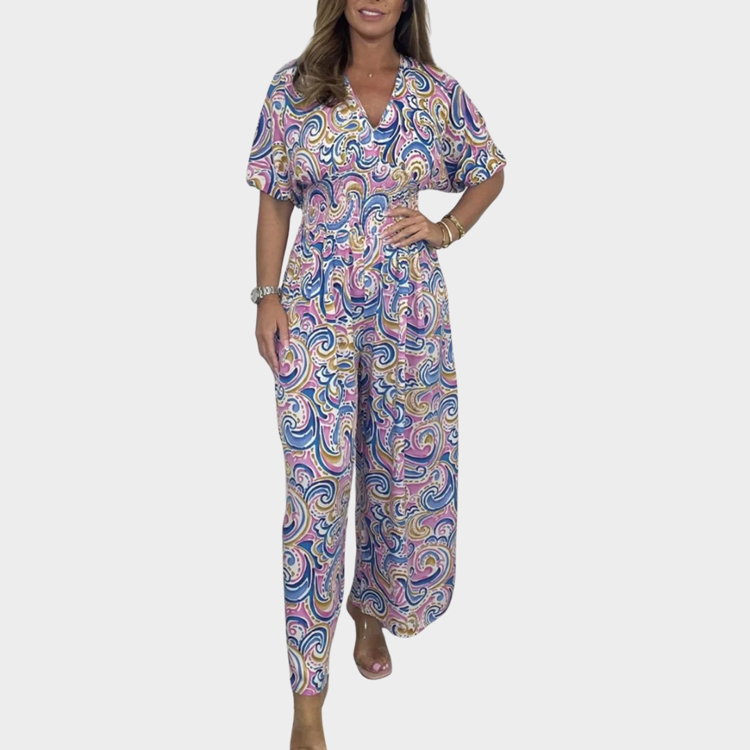 Fashion Print Women Jumpsuit – Short Sleeve – V Neck – Wide-Leg Fit – Lightweight Fabric – Multiple Colours